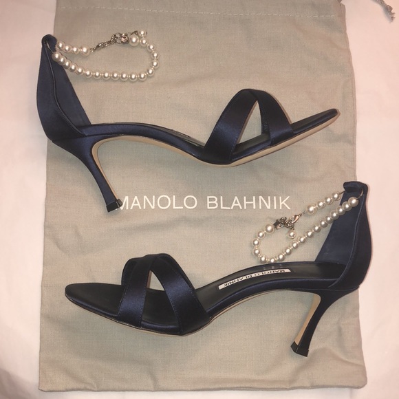 Manolo Blahnik Shoes - EUC Manolo Blahnik Calla Pearl Navy Satin Sandals w/Faux Pearl Ankle Strap, 37.